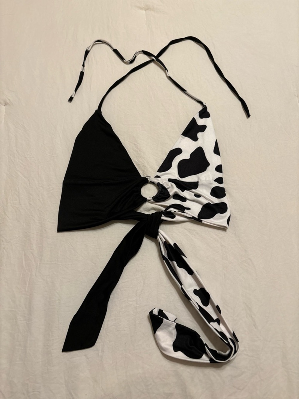 Black & White Cow Print Halter Tie Crop Top